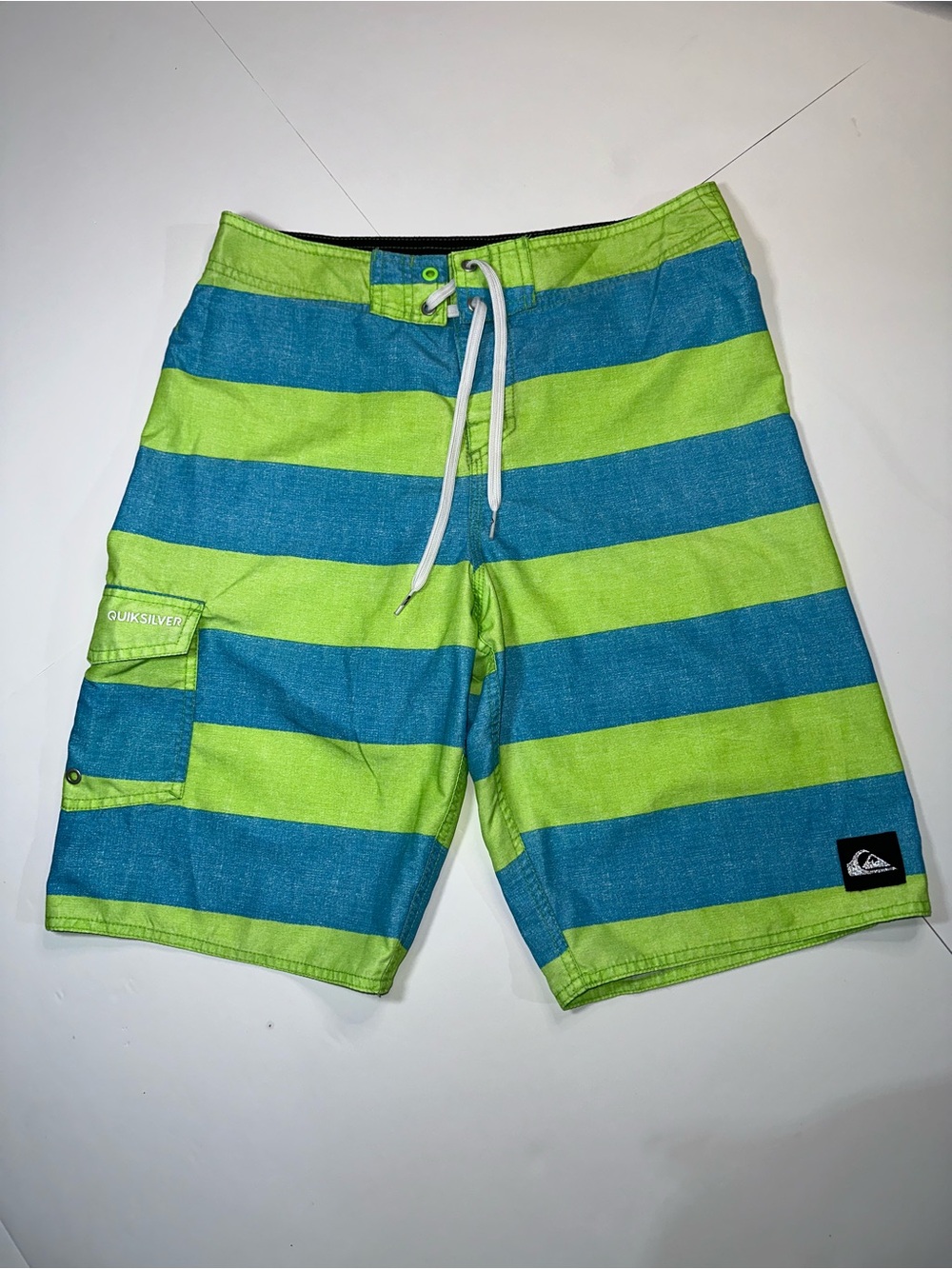 Quiksilver Men’s Lime Green & Teal Striped Board Shorts